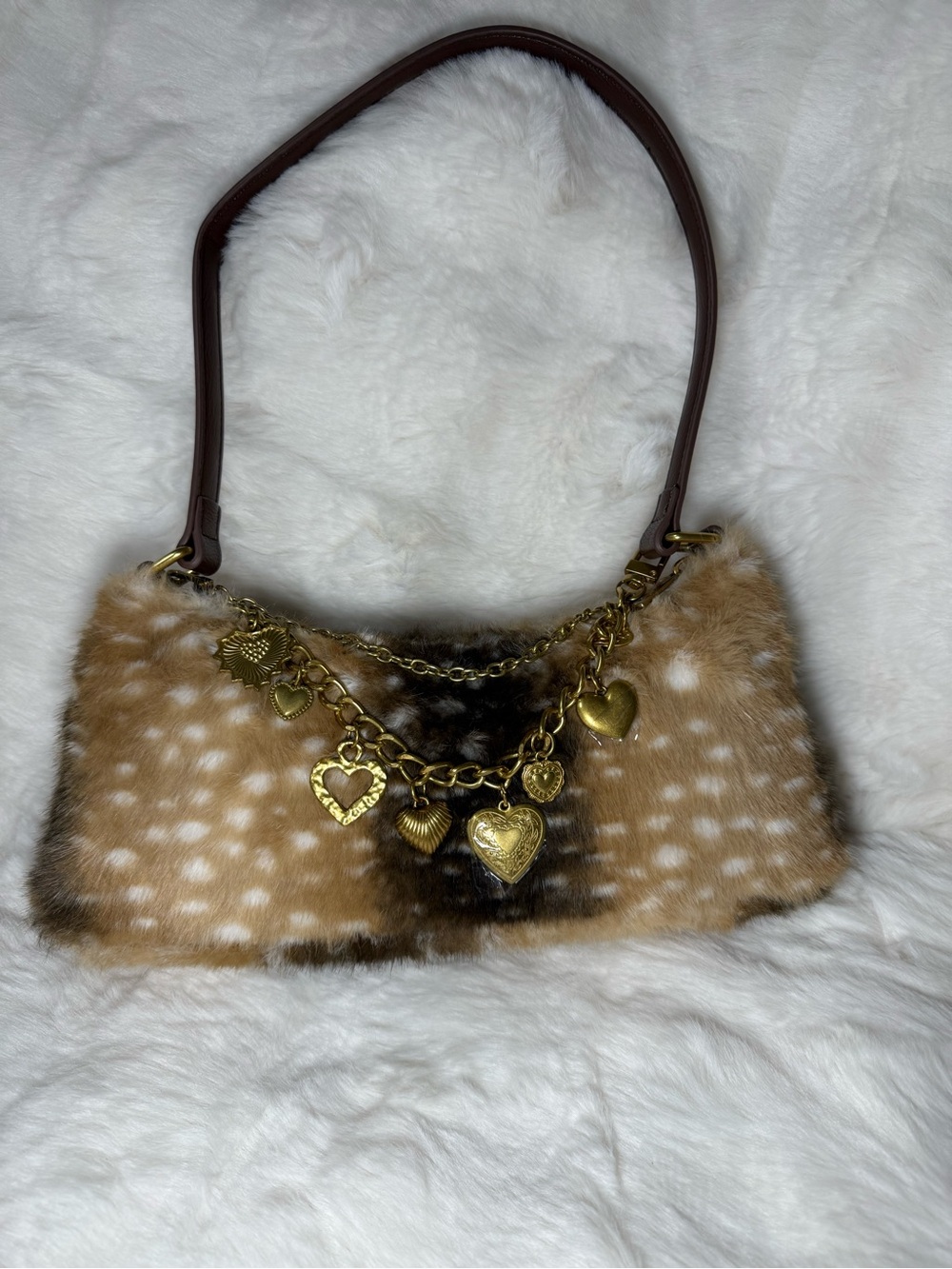 Faux Fur Heart Charm Shoulder Bag in Brown